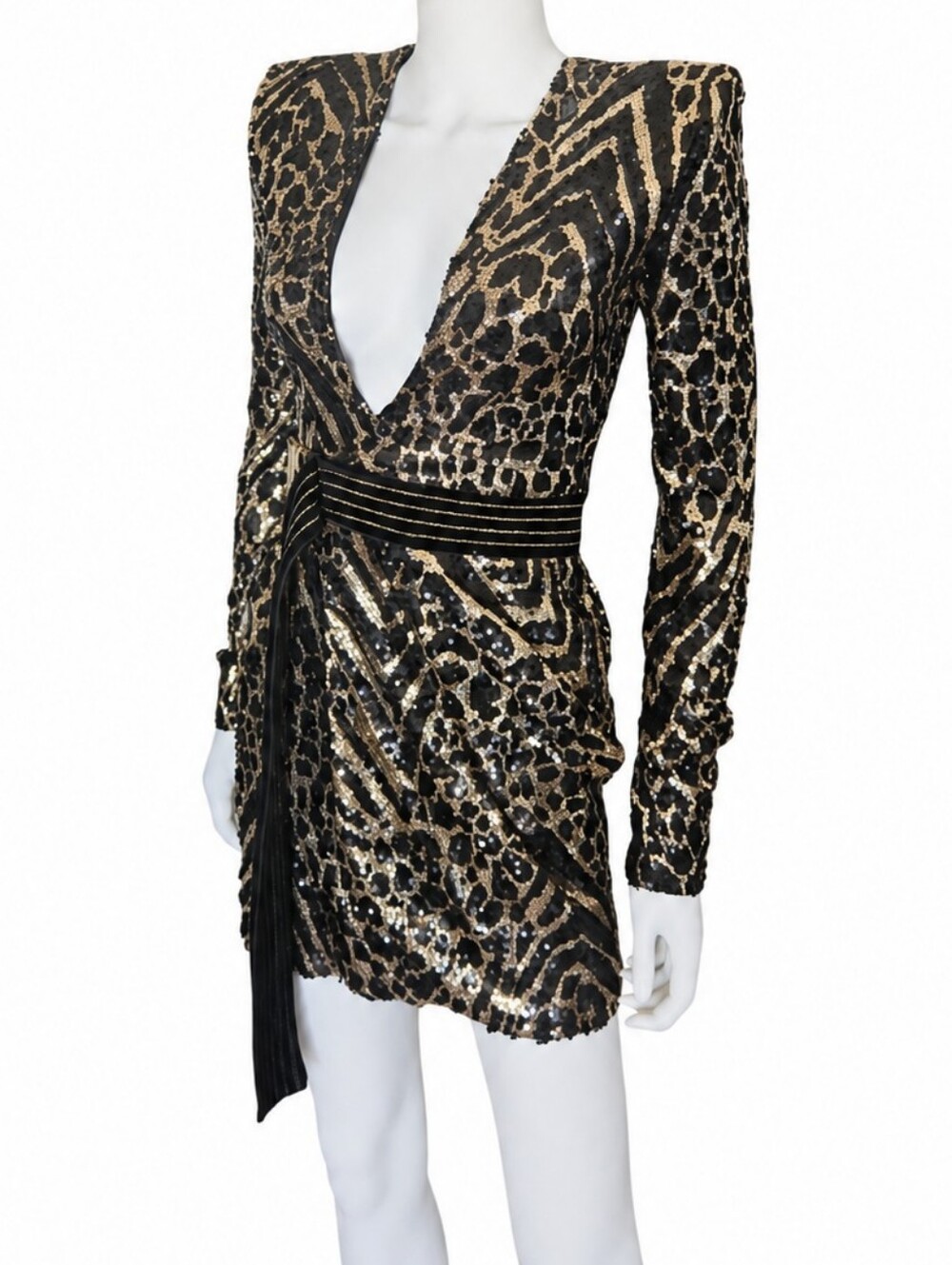 ZHIVAGO | Spirit Animal Black & Gold Sequin Wrap Mini Dress US 2